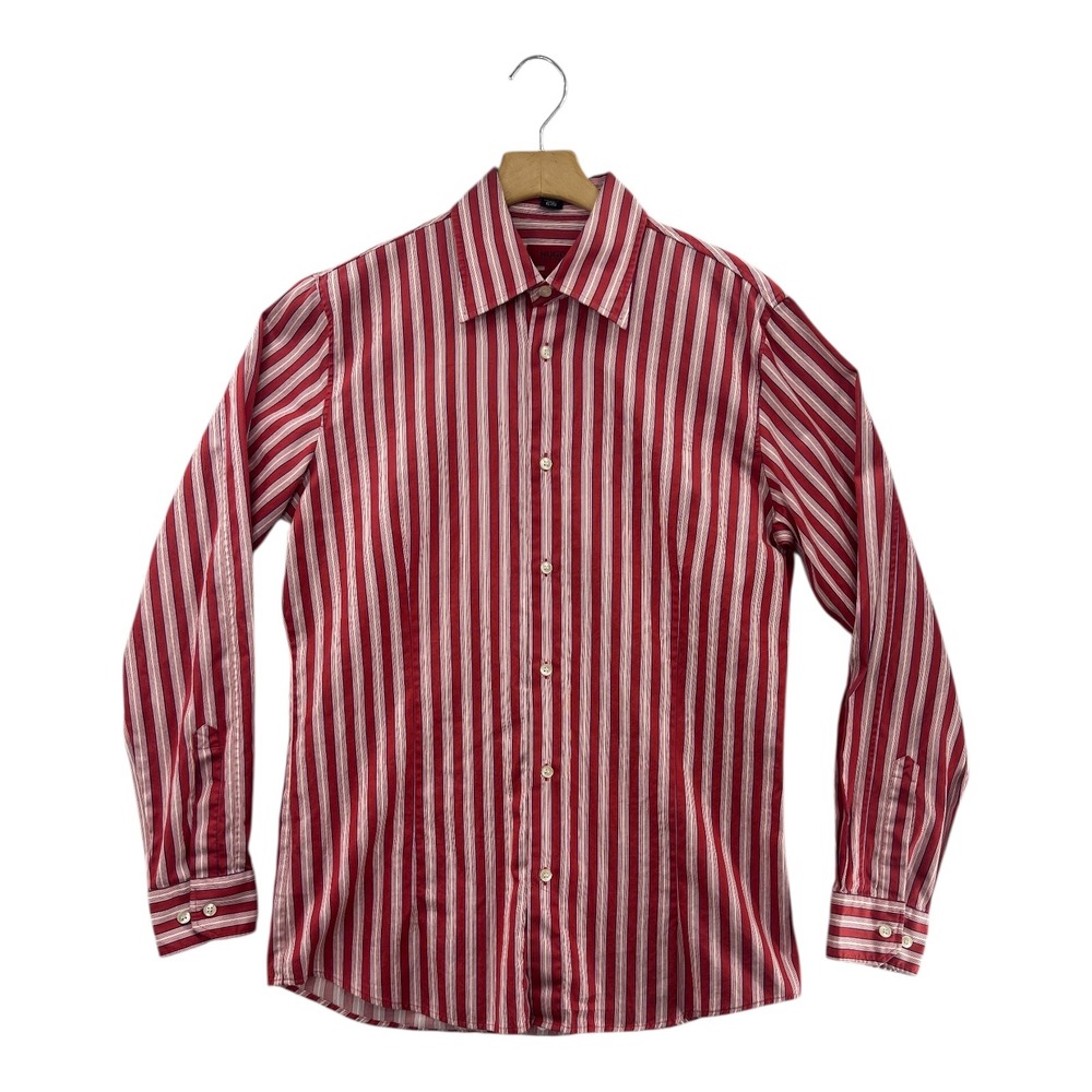 HUGO BOSS Men's Red White Stripe Button Down Dress Shirt Size L